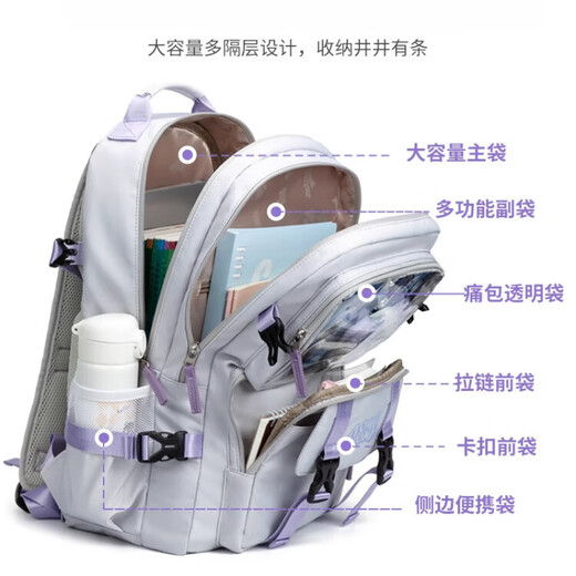 Pusi Schoolbag Female Junior High School Schüler Multi-Kompartiment große Kapazität High School Schüler Rucksack Grundschüler Klasse 4-6 Ridge Protection Rucksack 12044 Satin Blue + 6 Stücke Elfenstangen