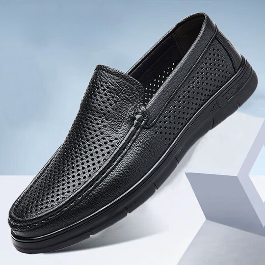 Lederschuhe Herren 2025 Sommer Neue Hollow atmable Casual Schuhe Herren weicher Sohle Nicht-Schlupfbohnenschuhe Weiche Gesicht Herrenschuhe 9925 Black Hollow 38