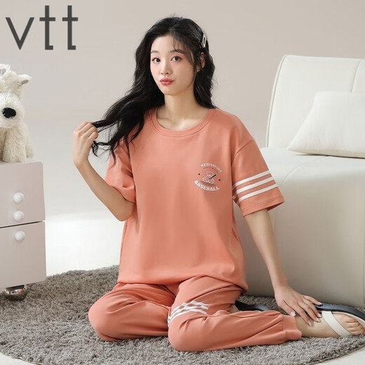 VTT睡衣女夏季纯棉短袖长裤薄款全棉夏天圆领家居服套装可外穿 V短袖长裤：YZT9721 M