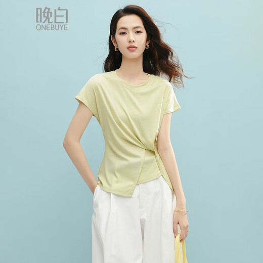晚白【断码清仓】2025夏款奶黄色上衣圆领莱赛尔显白短袖t恤女 嫩黄色 S