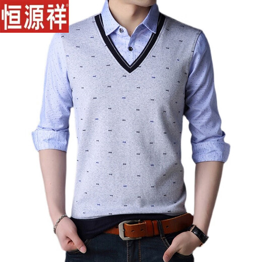 
Hengyuanxiang shirt collar fake two-piece T-shirt men's long-sleeved middle-aged spring and autumn base shirt Korean style slim knitted T-shirt men's trendy top 3878 red L reference 115-130Jin [Jin equals 0.5 kg]