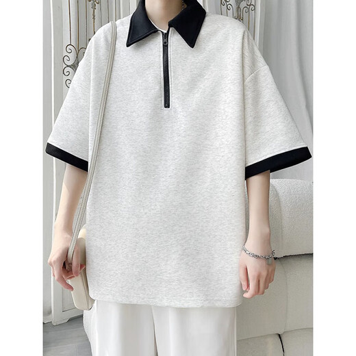 POUM半拉链撞色短袖Polo衫男夏季宽松半袖衣服美式潮牌青少年重磅T恤 WYN-733灰色 XL