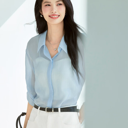 
Eifli (eifini) Eifli striped quarter sleeves V-neck sleeves design blue shirt women's small top 2025 summer new blue L