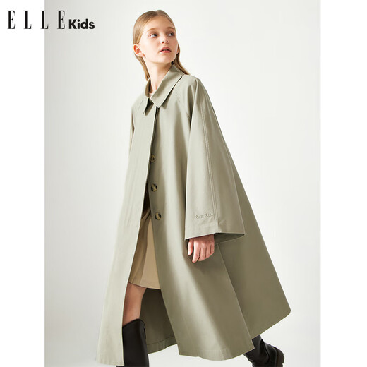 Ellekids Kinderkleidung Revers Cape Cape Silhouette gestickte Windbreaker -Jacke für Mädchen Spring minimalistischer Stil langer Mantel Khaki Green_spot 130 cm
