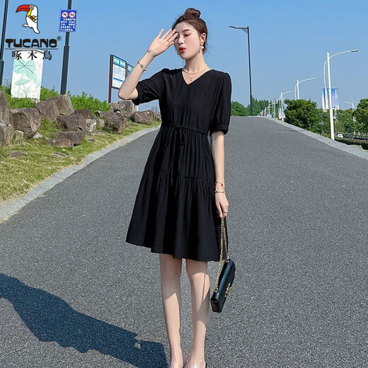 Woodpecker Small Dress Summer Women's 2025 New Age Reducing Temperament French Waist Slimming Skirt Women's Clothing Summer Black M [Suggested 100-115Jin [Jin equals 0.5 kg]]