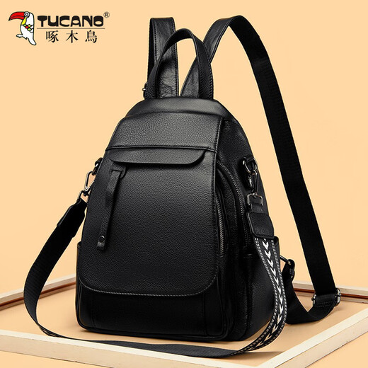 
Woodpecker's new genuine leather women's backpack for commuting simple large capacity trendy top layer cowhide backpack large bag black