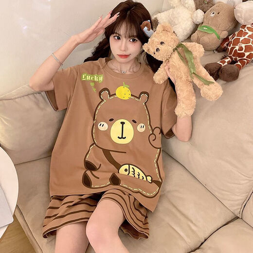 SMVP2025 Neuer Sommer-Pyjama für Frauen kurzärmelige Shorts Kapibala Anzug Casual Plus großer Cartoon Home Clothing 281# Milch Tea Bala + 693 Black Smiley Face M [Vorschlagen 70-95jin [Jin gleich 0,5 kg]]