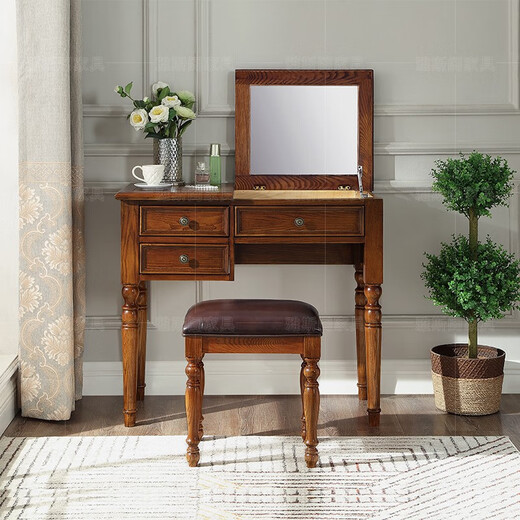 Ufsagcg American dressing table for bedroom small apartment folding ash wood all solid wood desk one-piece multi-functional flip cover ash wood dressing table + stool 100x45x78cm