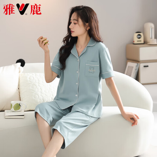 雅鹿轻奢新款睡衣女夏季薄款纯棉短袖七分裤家居服女士夏天可外穿套装 9898 2XL 【140-160斤】