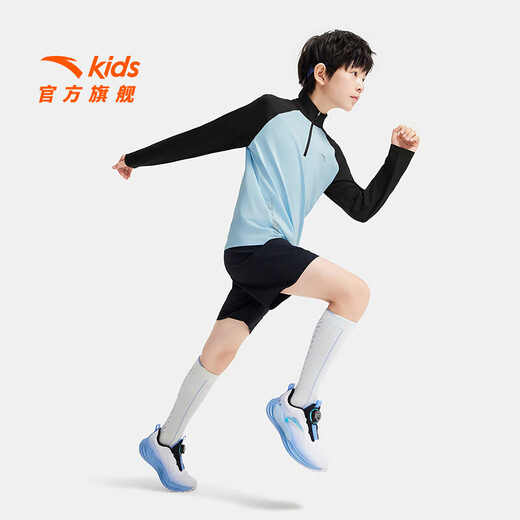 ANTA Children's T-shirt Universal Children's Clothing 2025 Autumn New Style Comfortable Breathable Light Warm Velvet Running Training Knitted Short-Sleeved Shirt Long T Men's Yuzhu Blue 5401-3 130