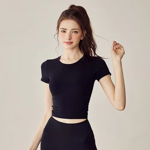 Bright dip backless beautiful back Pilates yoga wear short-sleeved fitness wear T-shirt outer wear women's one-piece sports top black M