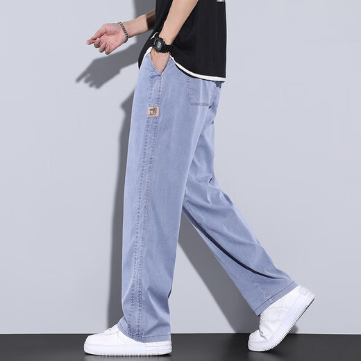 
LEE KIDS summer new super soft jeans men's thin large straight loose wide-leg pants men's trendy Hong Kong style trousers 1048 blue high-quality summer leisel thin model M 100-115Jin [Jin equals 0.5 kg]