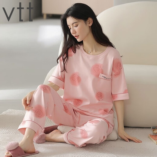 VTT睡衣女夏季纯棉短袖长裤薄款全棉夏天圆领家居服套装可外穿 V短袖长裤：YZT9721 M