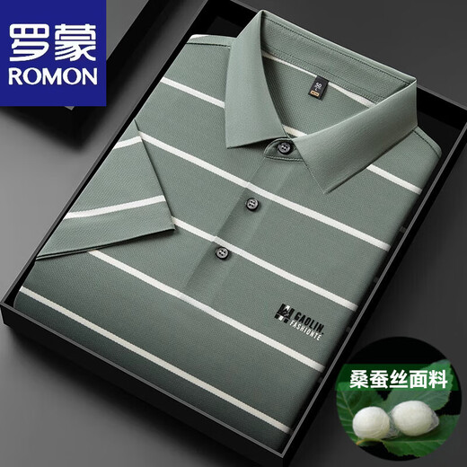 罗蒙（ROMON）高端桑蚕丝短袖t恤男士夏季2025新款中年爸爸装翻领条纹polo衫男 15100湖蓝 3XL 56【建议170-185斤】