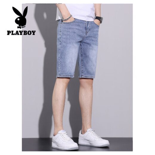 花花公子（PLAYBOY）2025夏季薄款牛仔短裤男五分裤子修身直筒弹力百搭潮流休闲中裤 867-1浅蓝 28 码  [腰围2尺1]