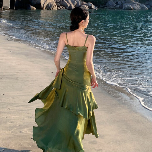 Zhanyuan Mermaid Large Skirt Ruffled High-End Suspender Dress Birthday Reception Adult Wedding Toast Wear Dress Long Skirt Green Ready Stock S