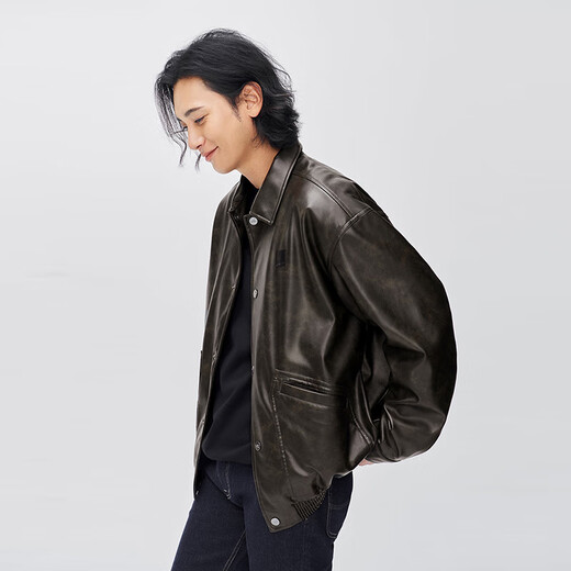 Lee Zhang Linghe's same style 25 autumn and winter new comfortable version button placket design unisex PU jacket black brown (size is too large, take one size smaller) L