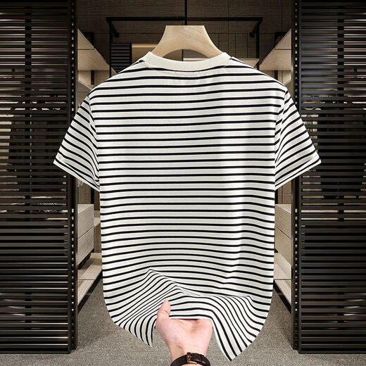 
Commander Bear 2025 short-sleeved T-shirt trendy striped men's versatile top white breathable sweat-absorbing cotton 9898 M
