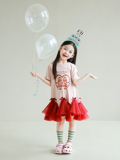 UTOUTOutouto Big Ear Elephant Girls Printed T-shirt Spliced Mesh Skirt 2025 Summer New Children's T-Skirt Deep Tibetan Blue Pre-sale Second Batch Around Mid-early May cm6 150