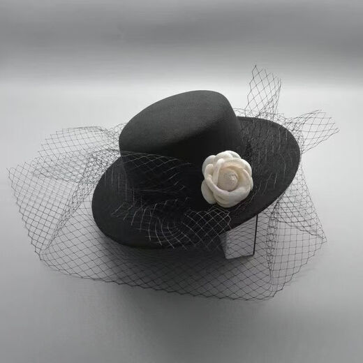 Huansen New French Camellia Hepburn Hat Flower Dome Retro Mesh Gold Velvet Hat Bridal Photo Hat Black Adult 57cm