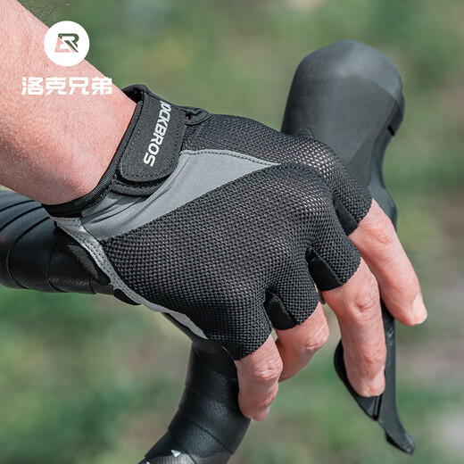 洛克兄弟骑行手套自行车半指手套夏季户外手套男女款短指骑车手套 舒适经典款-黑色 L