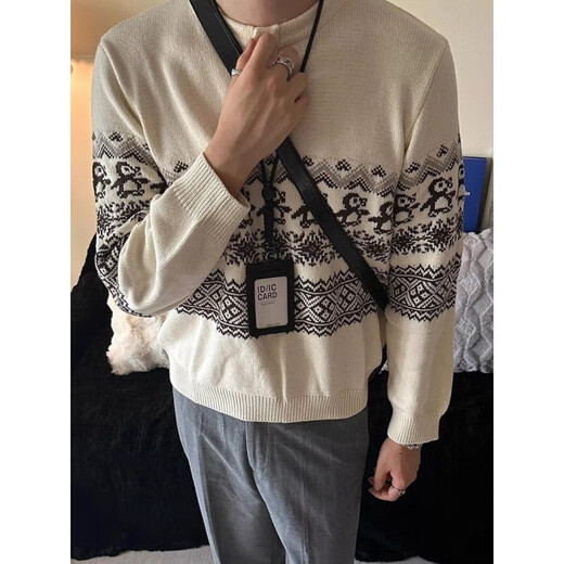 Taichiism Christmas Penguin Fair Isle Henry Neck Sweater for Men and Women, Autumn and Winter Lazy High-Quality Knitwear, Off-White 3XL 160-180Jin Jin is equal to 0.5 kg