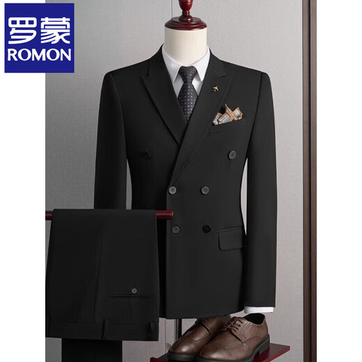 Luo Meng Suit Men's 2025 Autumn and Winter Black Formal Groom Wedding Dress Double-breasted Suit Jacket Single Dress Black XL 125-140Jin Jin is equal to 0.5 kg