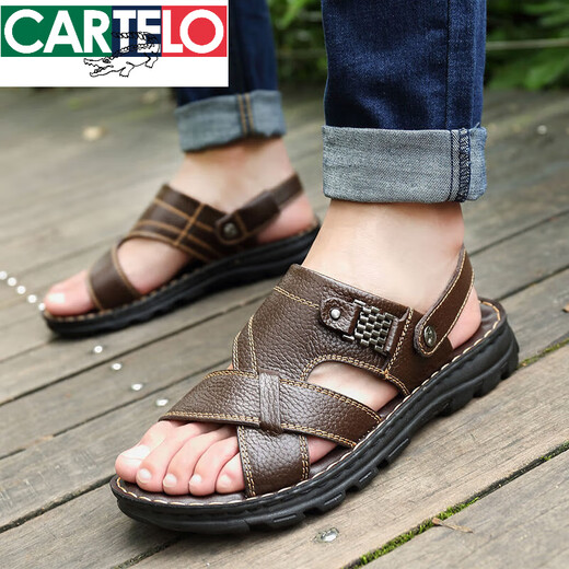 卡帝乐鳄鱼（CARTELO）真牛皮头层牛皮凉鞋男真皮夏季男士凉拖男休闲两穿驾车沙滩鞋 9928棕色[头层牛皮]旗舰官方补贴旗舰官方补贴 38 精品实用补贴