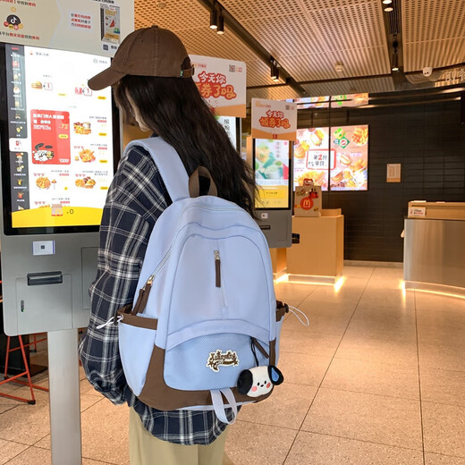 Retro girl backpack Japanese college students new style college advanced backpack lightweight Korean junior and senior high school students school bag blue with pendant