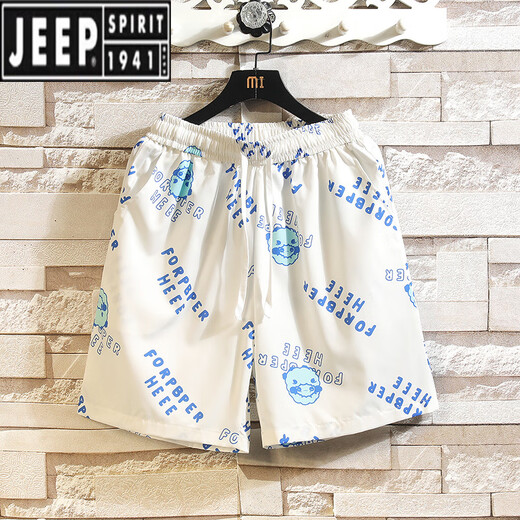 Jeep Spirit Hawaiian Ice Silk Shorts Herren Sommer Dünne Trendy Branddruckgedruckte Strandhosen Lose große lässige Sportarten knusprige Hose DK695 Weiß M.