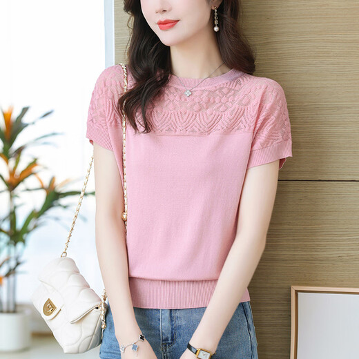 Camiseta de manga corta de seda de hielo gemila delgada para mujeres Mother Summer Hollow 2025 Nueva malla cubierta de vientre Azul (Modelo 9201) S 100Jin [Jin equivale a 0.5 kg]