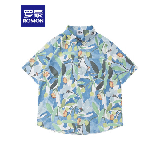 ROMON oil painting Hong Kong style retro floral shirt men Hawaiian vacation loose summer couple short-sleeved shirt 3524 green M