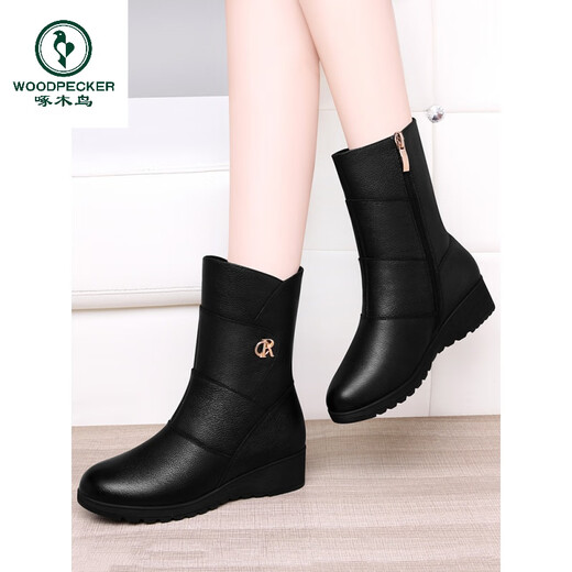 啄木鸟头层牛皮中筒靴女靴2025年新款真皮软底短靴秋冬加绒中年妈妈马靴 GQ 9716 黑色 加绒 4.5厘米 34