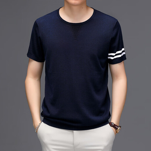 NEWMTER Kurzärärmig-T-Shirt für Männer 2025 Sommer neuer Stil mittleren und jungen Mode lässig losen runden Hals atmungsaktives lässiges T-Shirt für Männer High-End-Marine (Spotgeschwindigkeit) 3xl /56 (Spotgeschwindigkeit) [170-190jin [Jin gleich 0,5 kg]]