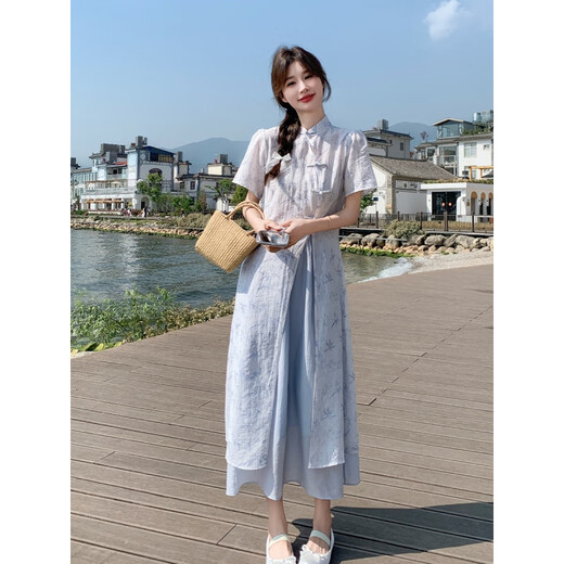 Yi Qilei [1105 Personen sammeln] Hellblau National Style Printed Dress Anzug für Sommer Frauen 2025 Neue Chinesische Version VISERUNG ZWEI SET M empfohlen, 91-105jin zu tragen [Jin ist 0,5 kg]