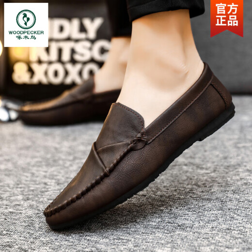 Holzspecker Herrenbohnenschuhe Koreanische Version der geschäftlichen Arbeit lässige Lederschuhe atmungsaktiv und vielseitig nicht rutsches einstufige Männerschuhe 2025 Sommer D826 Black 39 Small