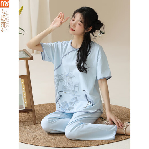 莫代尔睡衣女夏季2025年新款短袖国风套装棉新中式长裤可外穿薄款简约 Y9905 M (建议75-95斤)