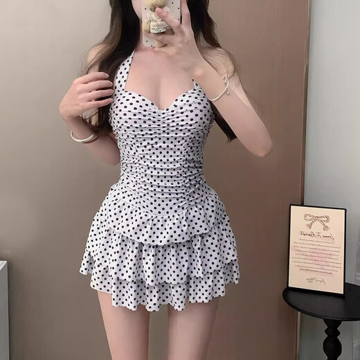 
Modal polka dot swimsuit women's retro skirt high-end neck strap 25 new product conservative slim and covers flesh and sexy gathers hot spring
