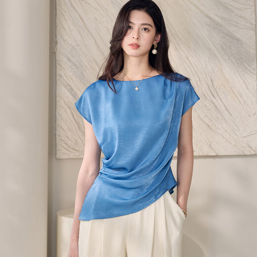 
ROEYSHOUSE Lace High Satin Shirt Women's 2025 Summer Chic Wrinkle Waist Slim Bodysuit 12043 Blue L