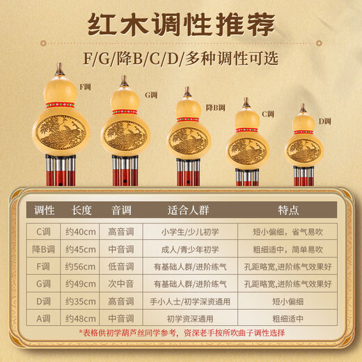 Golden peacock, red wood, gourd silk c tune primary school students professional performance level, b tune, beginners, adults, ebony flagship store musical instruments, ebony tube flower picking picture [anti-fall D tune] + gift