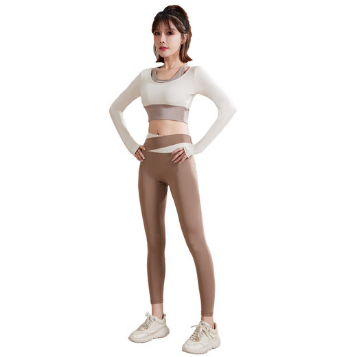Long-sleeved fake two-piece yoga suit without bra, contrasting color splicing sports suit, Pilates training fitness suit, ivory white, long sleeves + cocoa color, waistband M, recommended 105-120 Jin Jin equals 0.5 kg