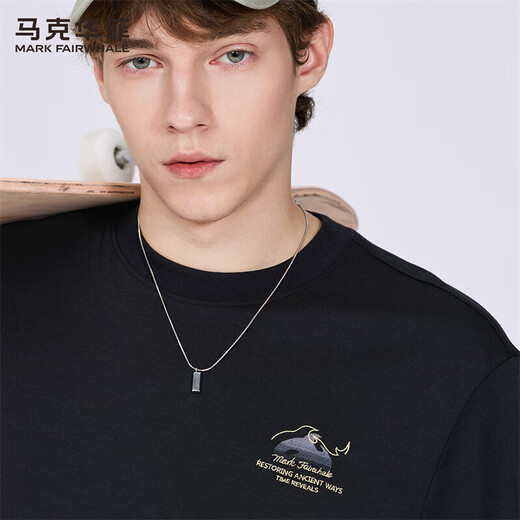 马克华菲（FAIRWHALE）金丝刺绣圆领短袖T恤男装2025夏季新款潮流黑色短t上衣1506 黑色 001 S 165