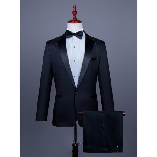 Kuosheng Men's Group Chorus Hot Loose Diamond Black and White Suit Stage Performance Singer Host Anchor Dress Performance Emcee Suit Black White Diamond-Coat + Bow Tie 3XL