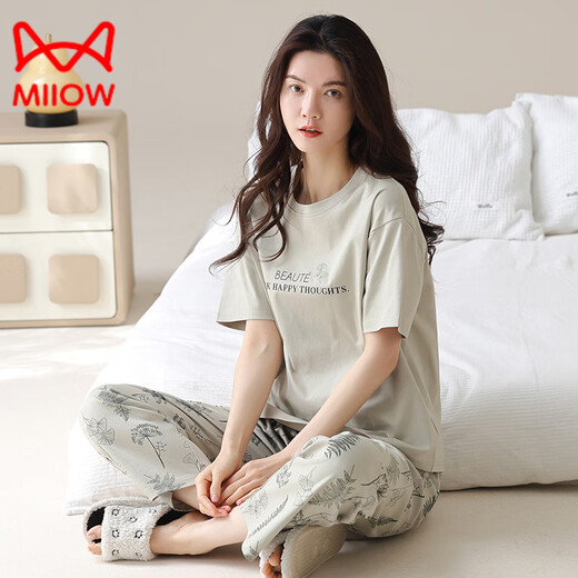 猫人（MiiOW）睡衣女夏季纯棉短袖长裤薄款全棉夏天女士家居服套装春秋季 YZT9719 短.袖长.裤 2XL 140-160斤