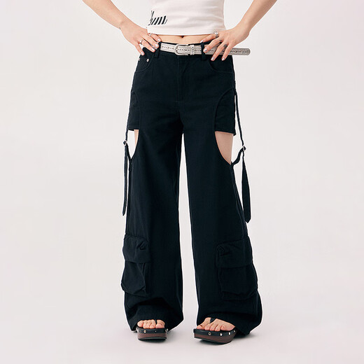 Chuu Hollow Wide-Beine-Freizeithose für Frauen 2025 Sommer Neues Produkt gefälschte zweiteilige Spleißhänge-Hänge-Taschen-Langhose Black 26