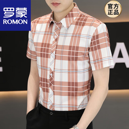 Romon Short à manches à manches masculines 2025 Été Ice Silk Business Casual Anti-Scalding Plaid Plaid Men's Tops Clothing Men's Clothing HST878 Pink M [95-108Jin [Jin est égal à 0,5 kg]]]