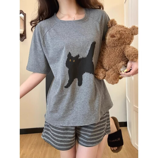 鹤屿睡衣女2025夏季短袖薄款宽松胖mm加大码可外穿家居服两件套 693黑笑脸 M 【建议80-90斤】