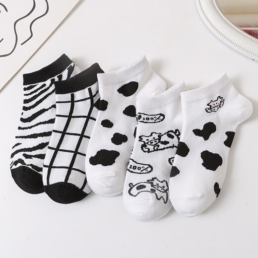 Socks for women in spring and summer sports ladies short socks black and white cow women short socks couple boat socks casual shallow mouth socks five colors one pair in total 5 pairs [Hua Niu]