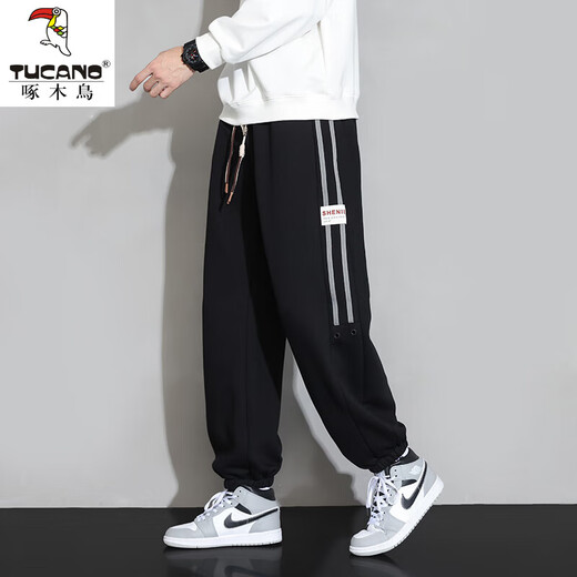 Woodpecker (TUCANO) Extra Large Size Casual Pants Men's Autumn and Winter Trendy Loose Plus Fat Plus Fatty 300Jin Jin is equal to 0.5kg Velvet sports casual sweatpants FJB621-BM108 black 6XL 220-240Jin Jin is equal to 0.5kg