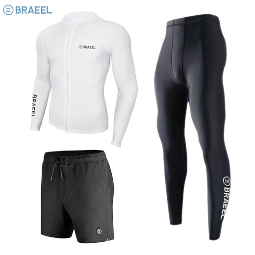TRAVEL BUDDIESbarrel swimsuit men's surf suit split quick-drying tight jellyfish snorkeling suit wetsuit long-sleeved trousers direct sale men's pure white (cardigan) top + black trousers two-piece set 2XL (150-170Jin Jin equals 0.5 kg) One size fits all